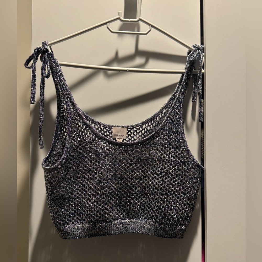 Cinq a Sept metallic Knit Crop Top for over button shirt